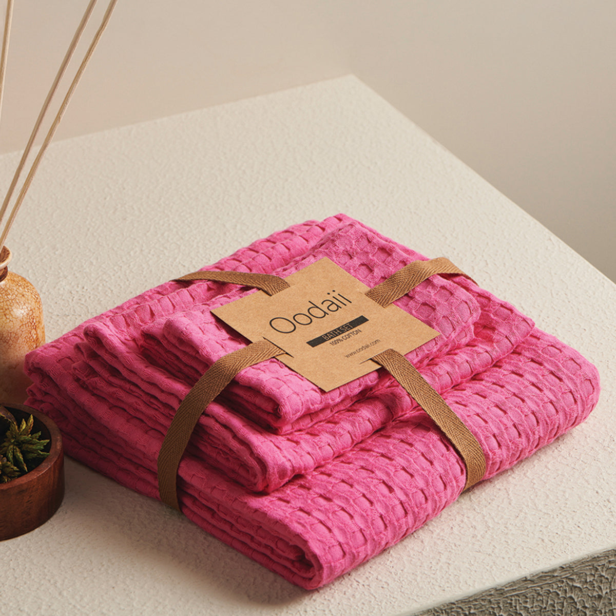 Cotton Towel Set | Waffle Design | Rose Pink | Set of 4 By Oodaii