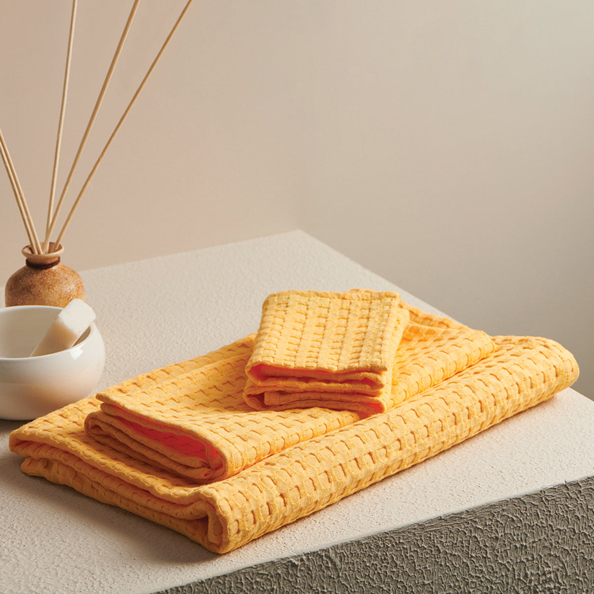 Cotton Towel Set | Waffle Design | Sunflower Yellow | Set of 4 By Oodaii