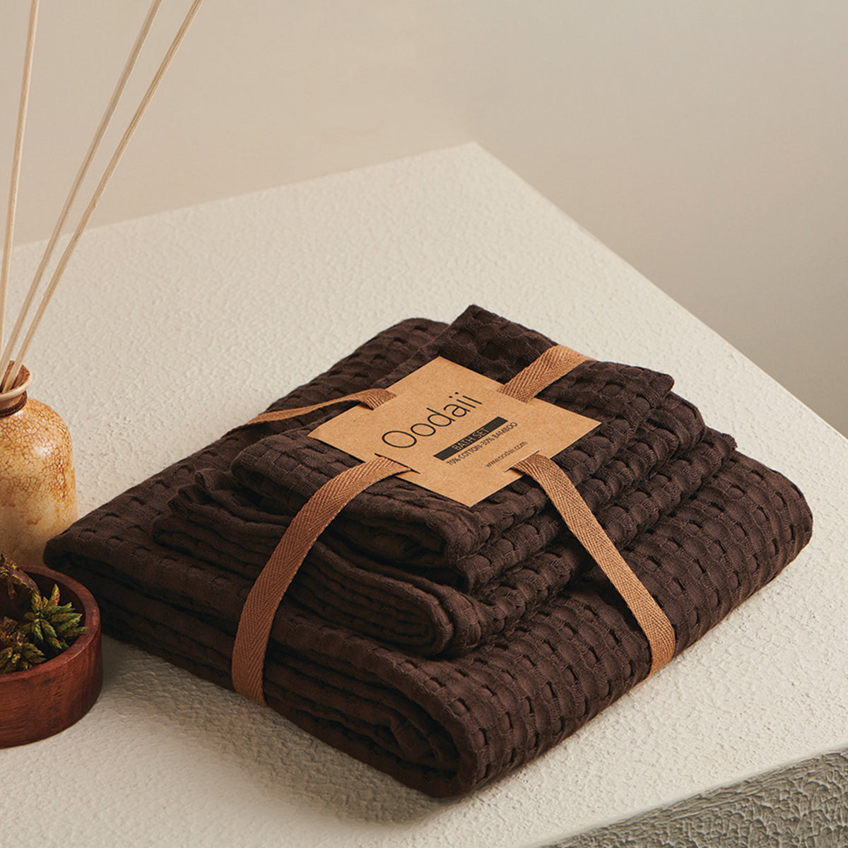 Bamboo Cotton Towel Set | Waffle Design | Peat Brown | Set of 4 By Oodaii