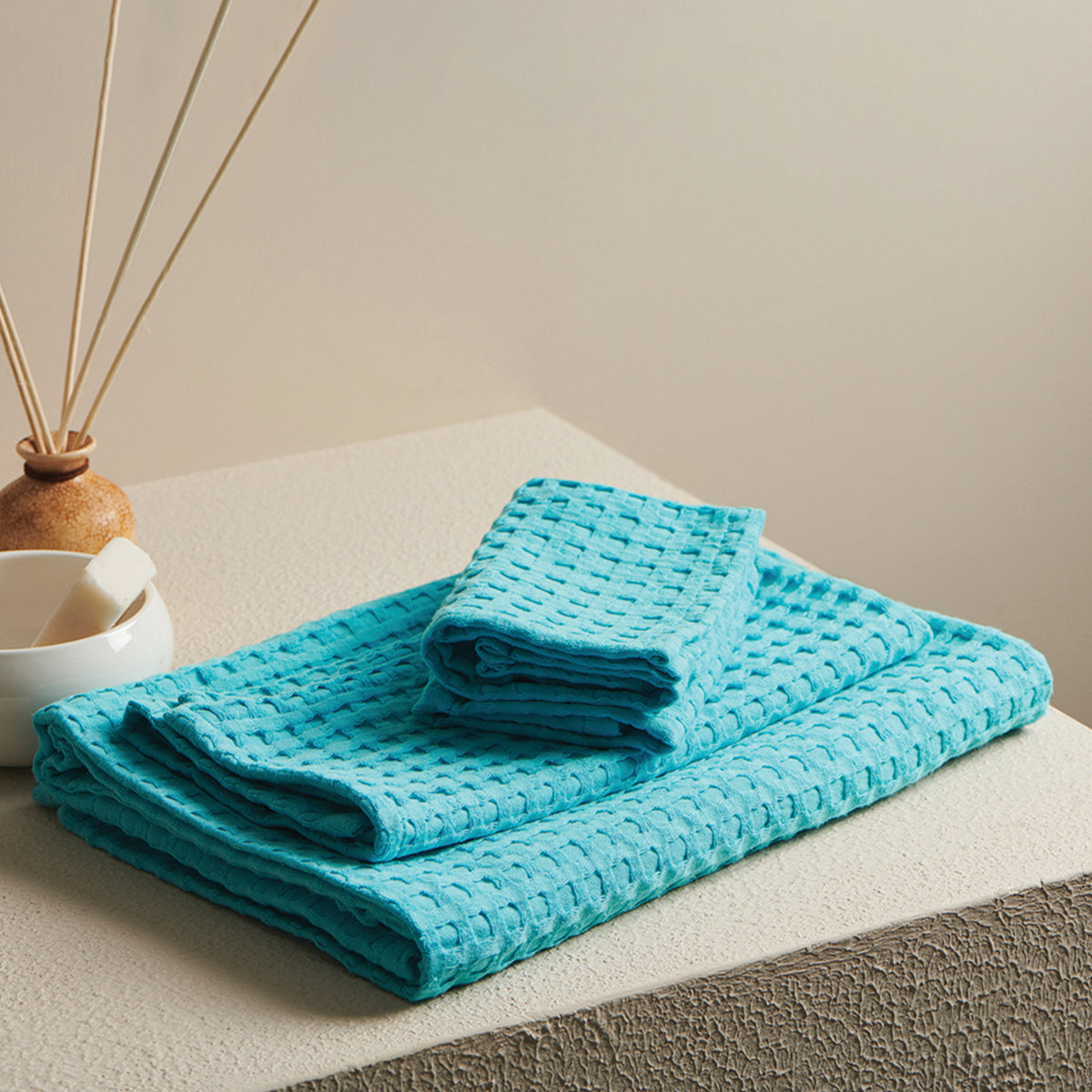 Cotton Towel Set | Waffle Design | Aqua Blue | Set of 4 By Oodaii