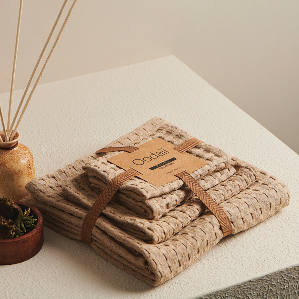 Cotton Towel Set | Waffle Design | Sand Beige | Set of 4 By Oodaii