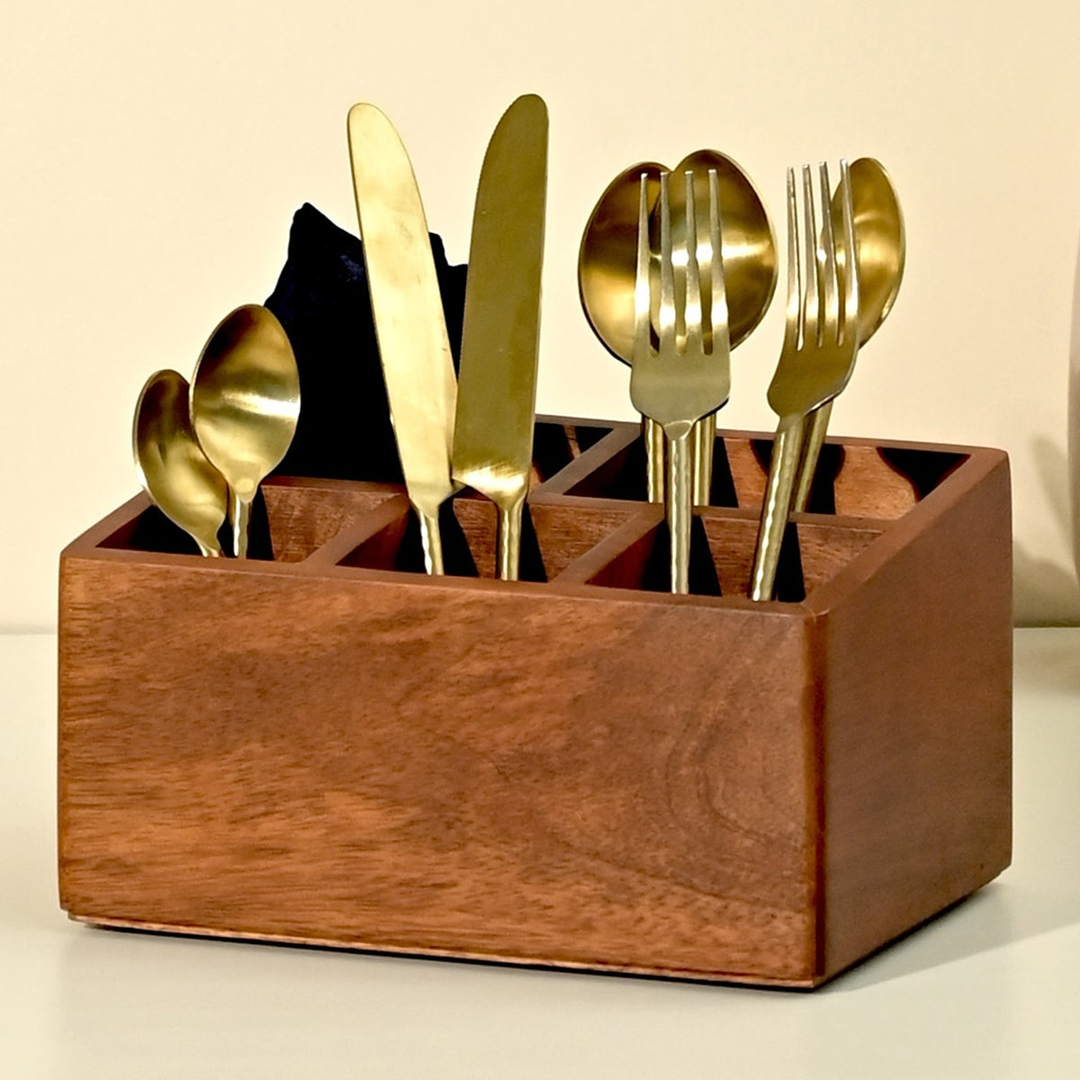 Mango Wood Cutlery Holder | Brown | 15x22x12 cm By Brick Brown