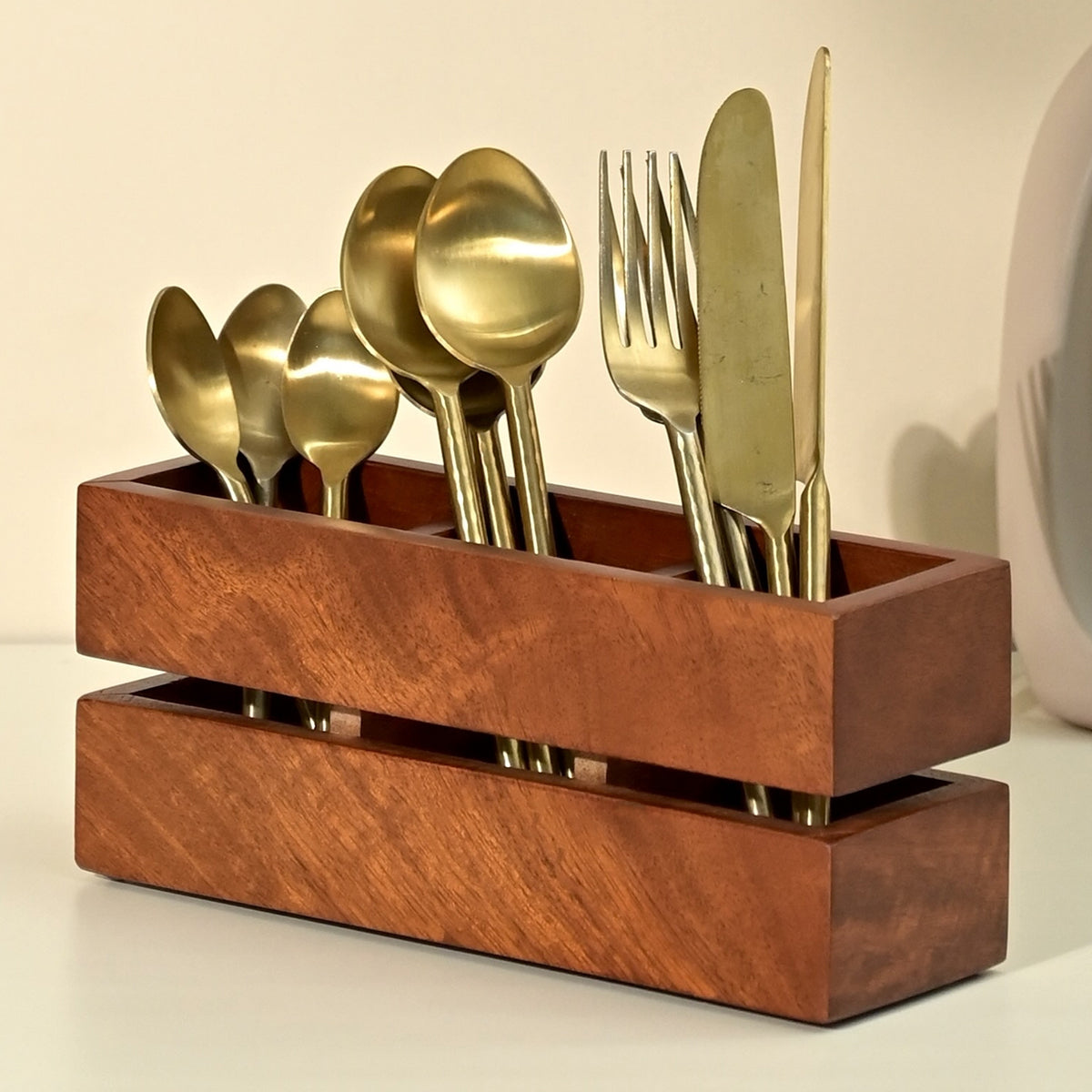 Wooden Cutlery Holder | 3 Compartments | Brown | 23 cm By Brick Brown