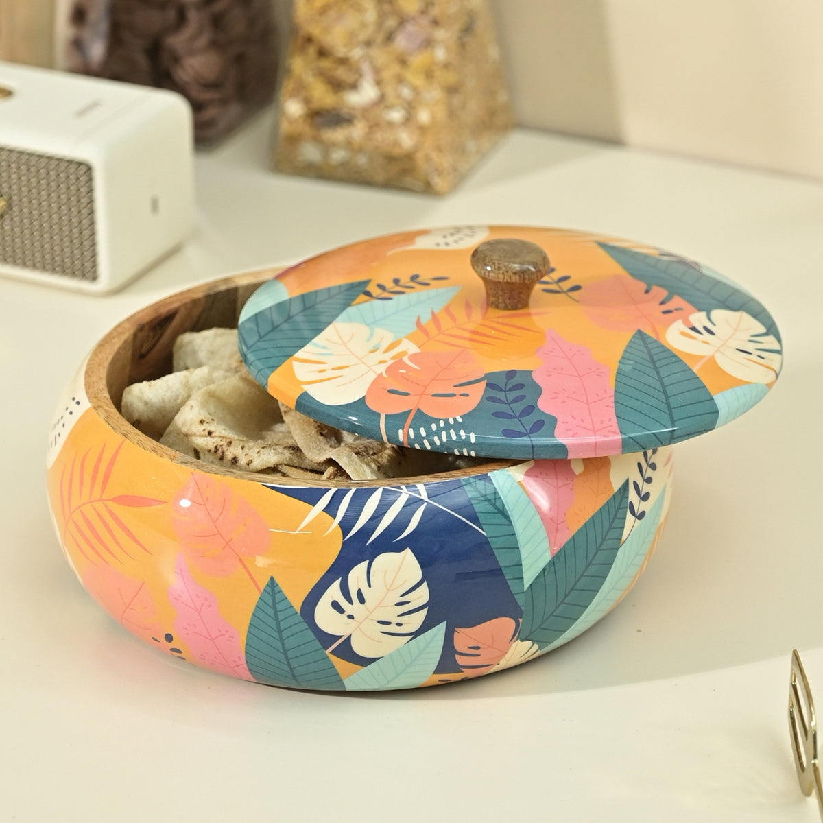 Mango Wood Chapati Box | Tropical Print | Multicolour By Brick Brown