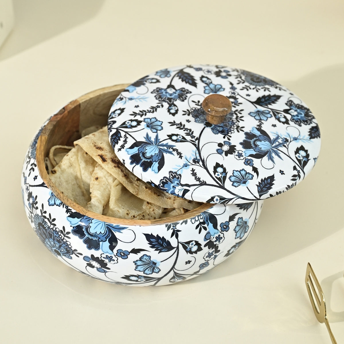 Mango Wood Chapati Box | Floral Print | Blue By Brick Brown