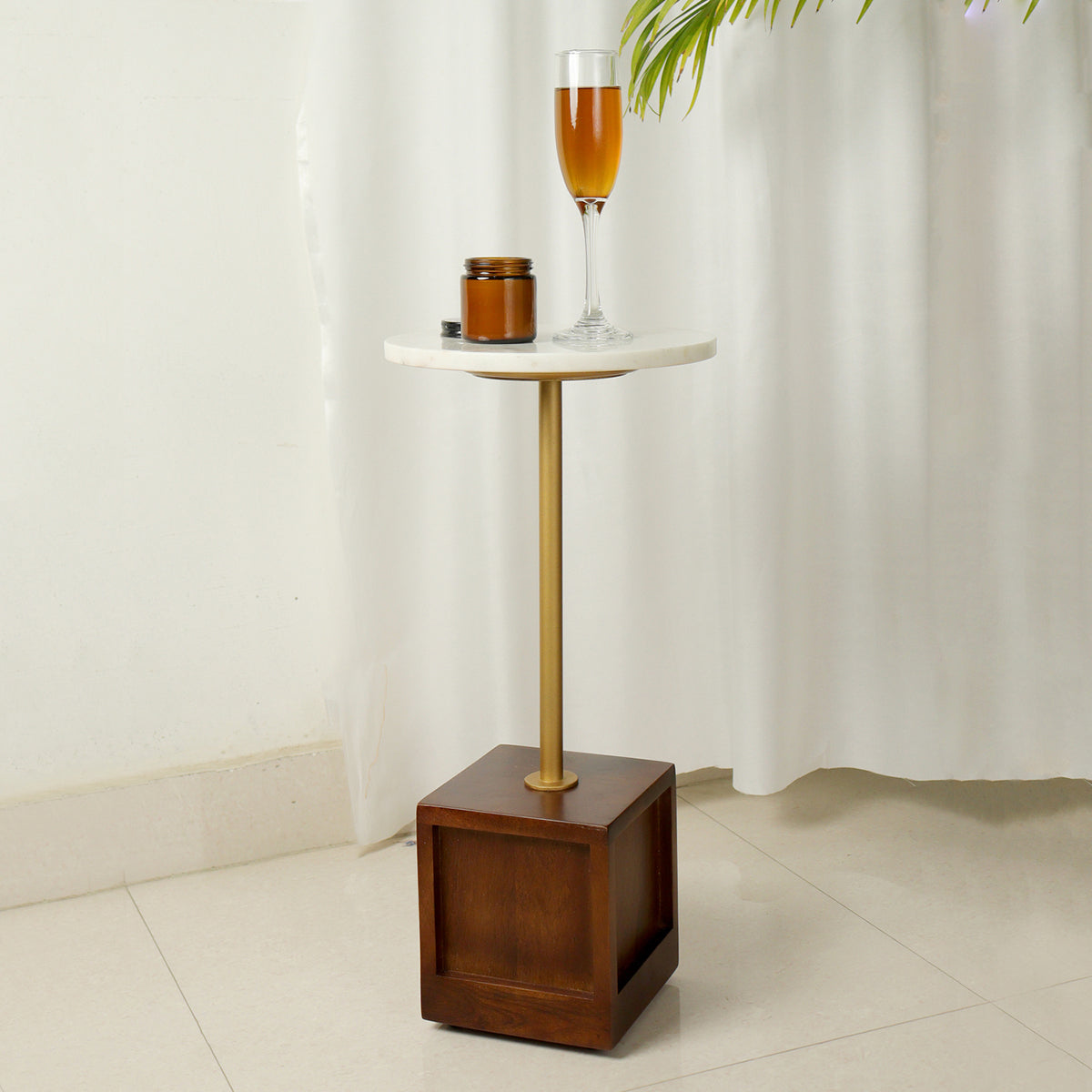 Wooden Drink Table | Brown & White | 54 cm