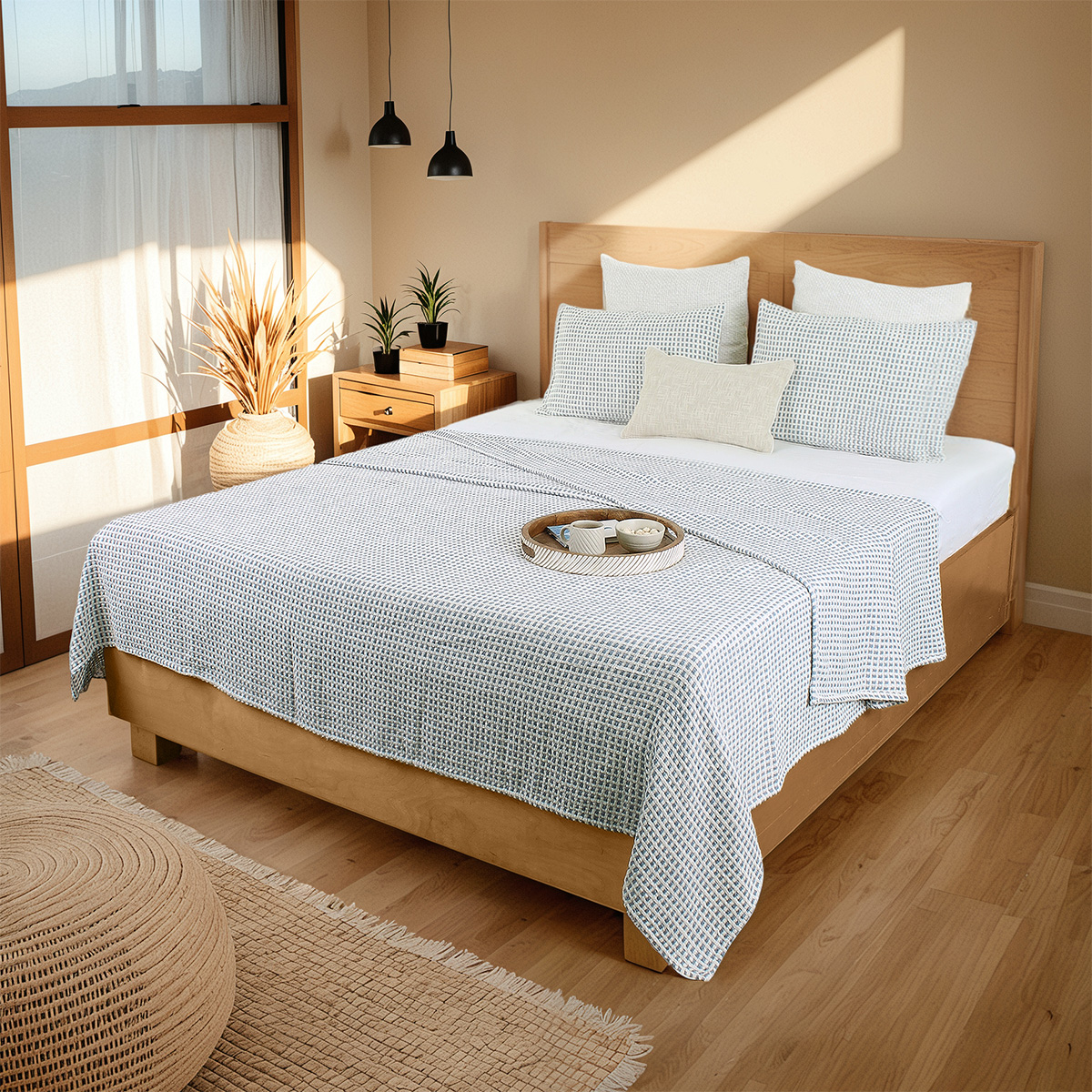 Cotton Bed Cover | Waffle Design | Double Size | Blue