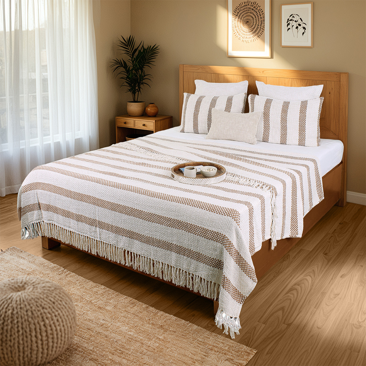Cotton Bed Cover | Woven Design | Double Size | Brown