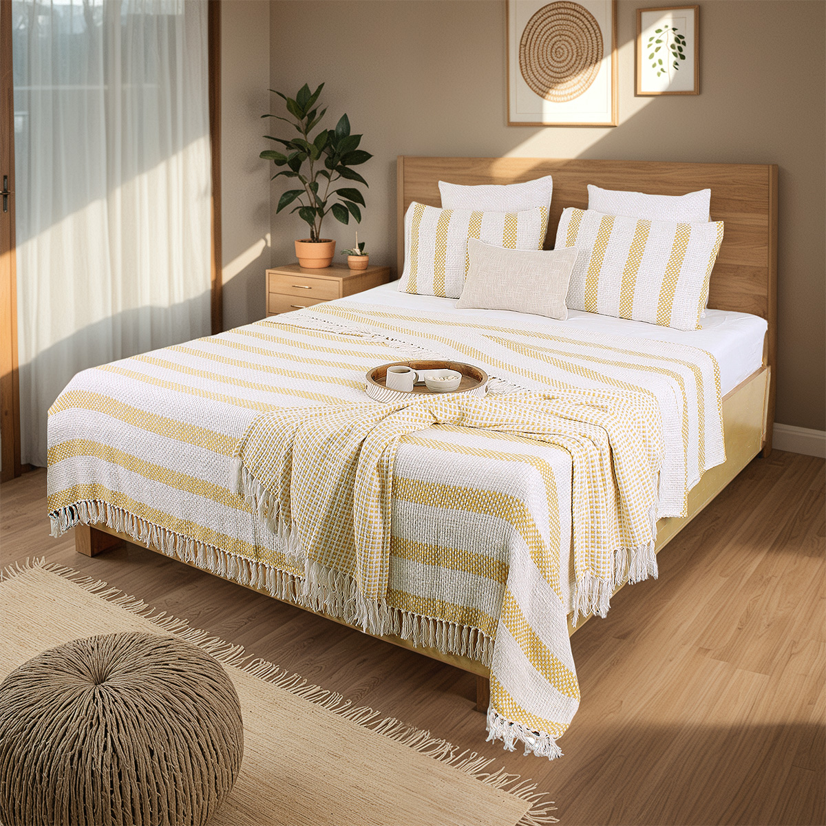 Cotton Bedcover | Double Size | Woven Design | Yellow