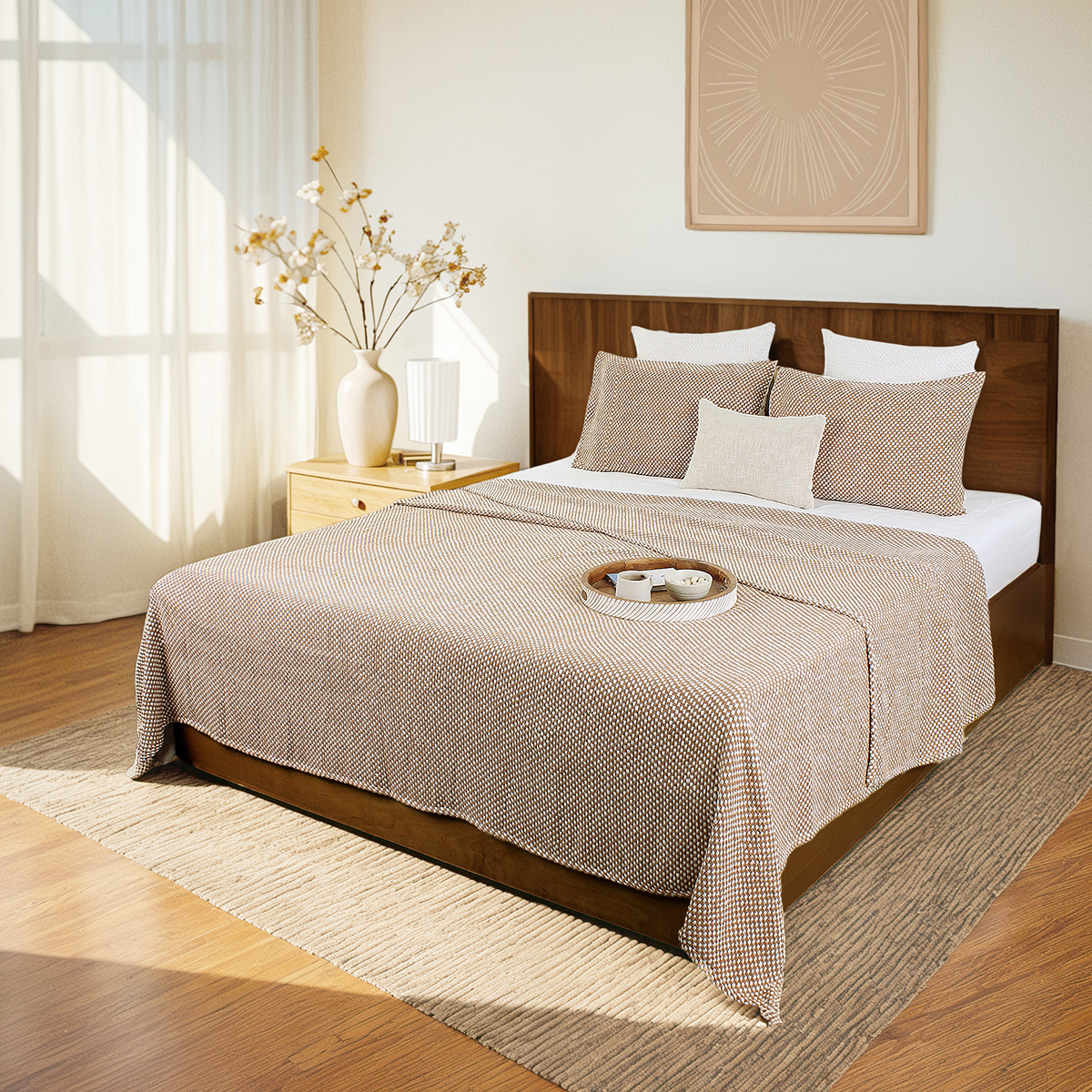 Cotton Double Bed Cover | Woven Design | Brown