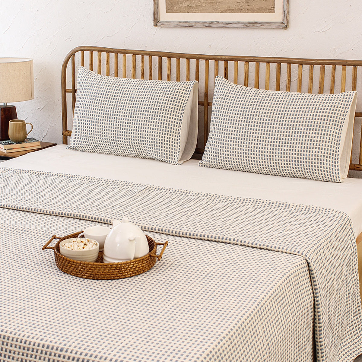 Cotton Bed Cover Set | Waffle Design | Double Size | Blue