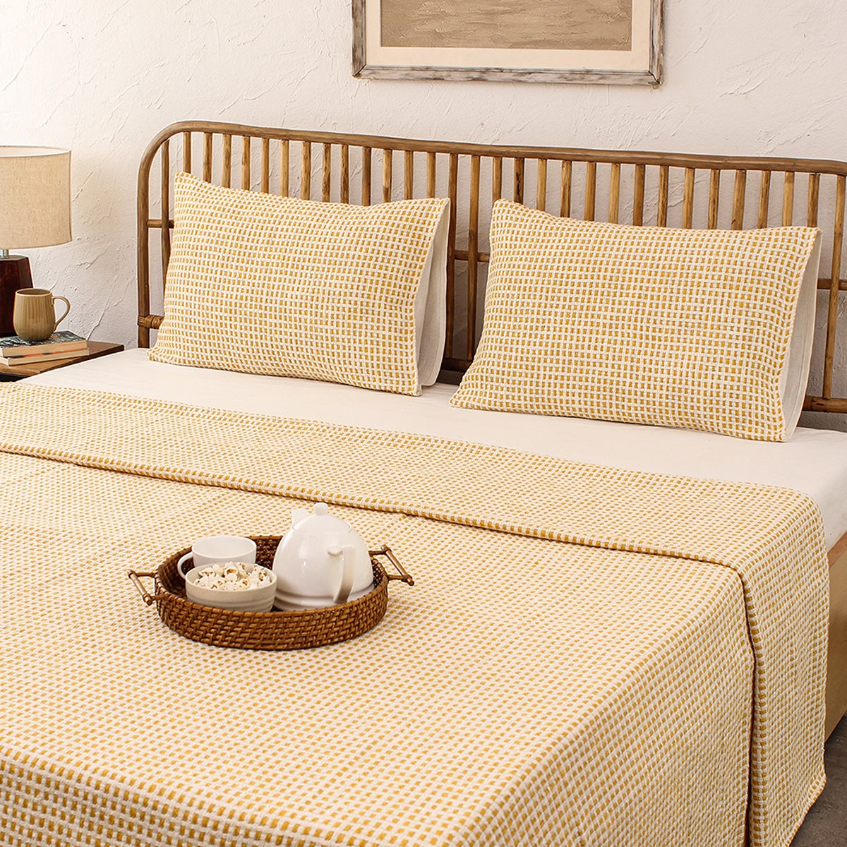Cotton Bed Cover Set | Waffle Design | Double Size | Yellow By House This