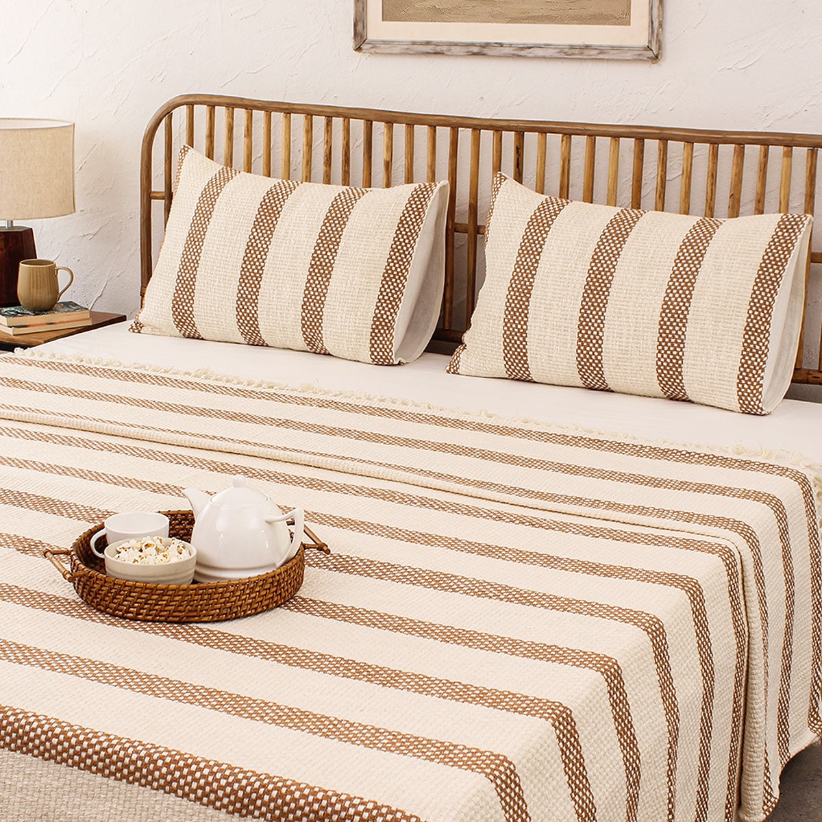Cotton Bed Cover Set | Woven Design | Double Size | Brown