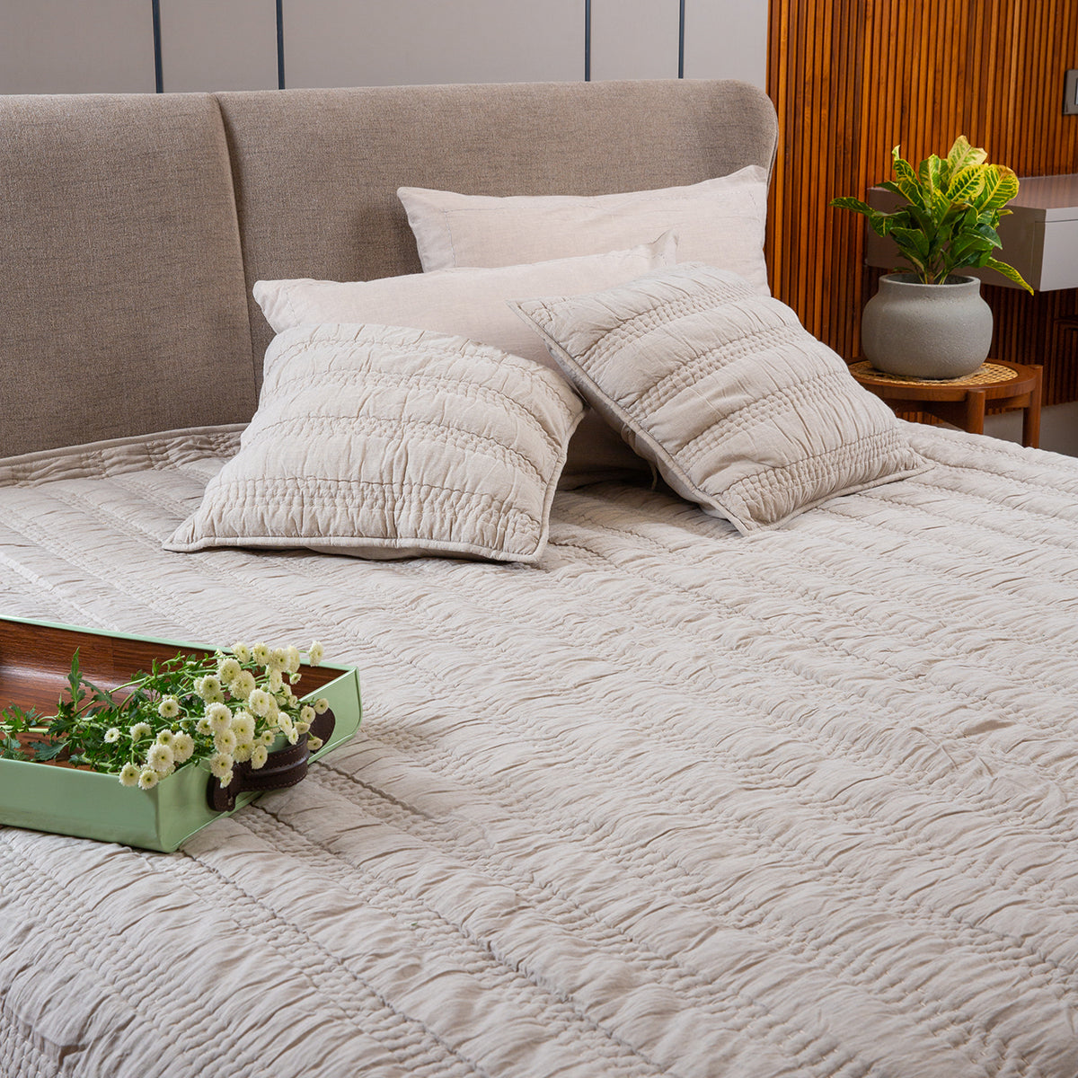 Cotton Bedspread Set | Reversible | Woven Design | Beige By Aplito