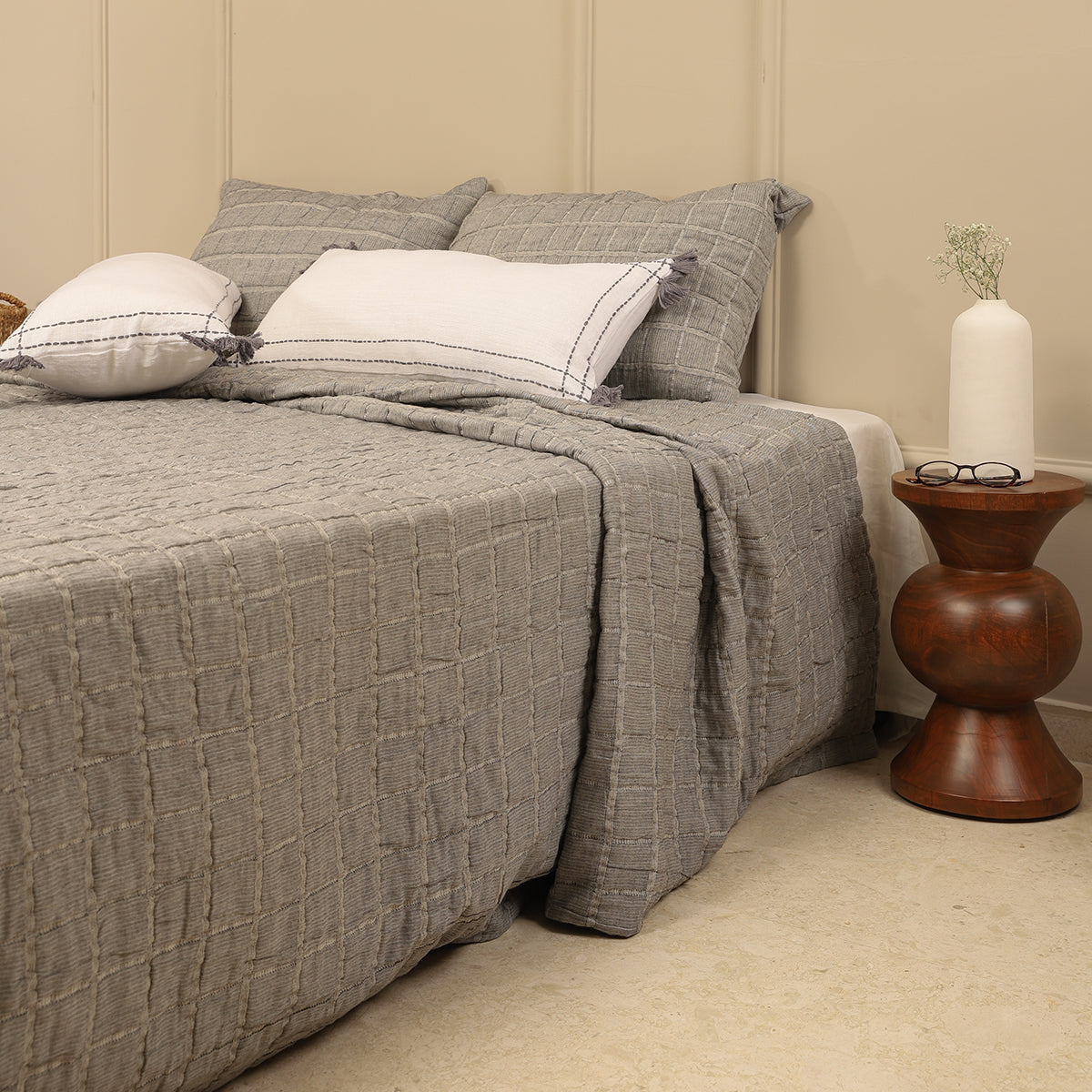 Cotton Bedspread Set | Quilted Checkered | Grey By Aplito