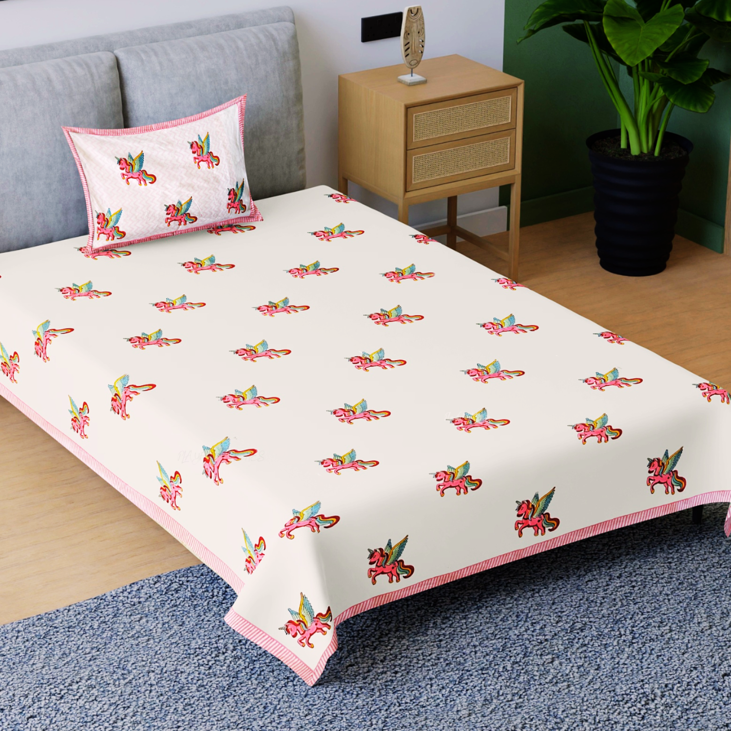 Cotton Single Bedsheet with Pillow Cover | Unicorn Design | White