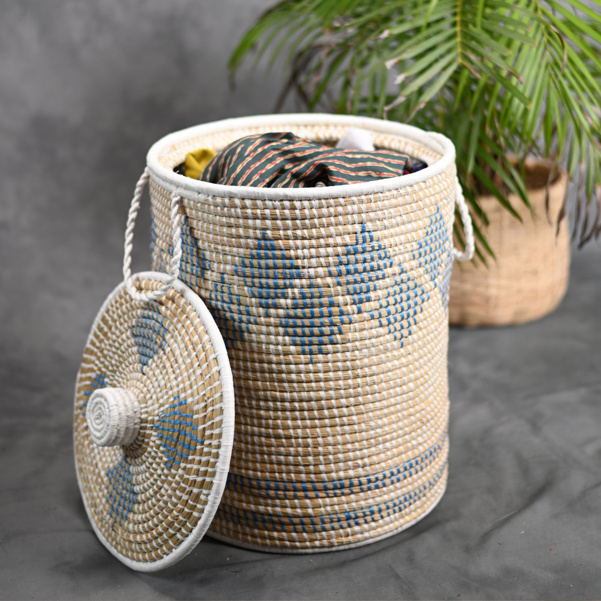 Moonj Grass Laundry Basket | Blue | 35 cm By KadamHaat
