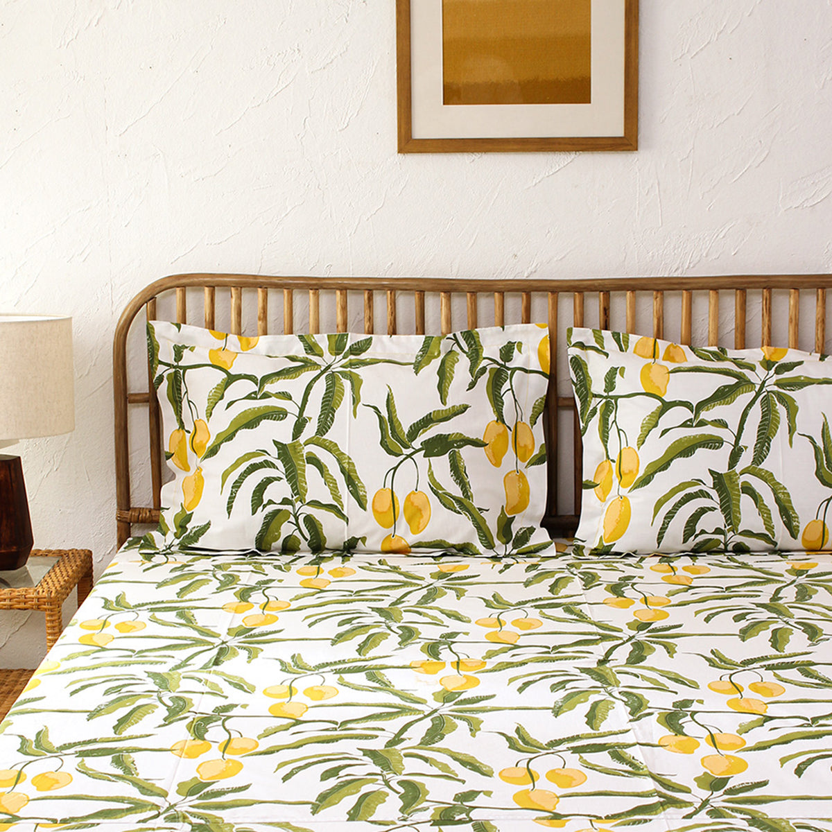Cotton Bedsheet with Pillow Covers | Leaf Print | Yellow By House This