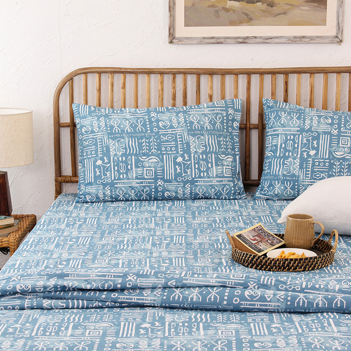 Cotton Bedsheet with Pillow Covers | Abstract Print | Light Blue