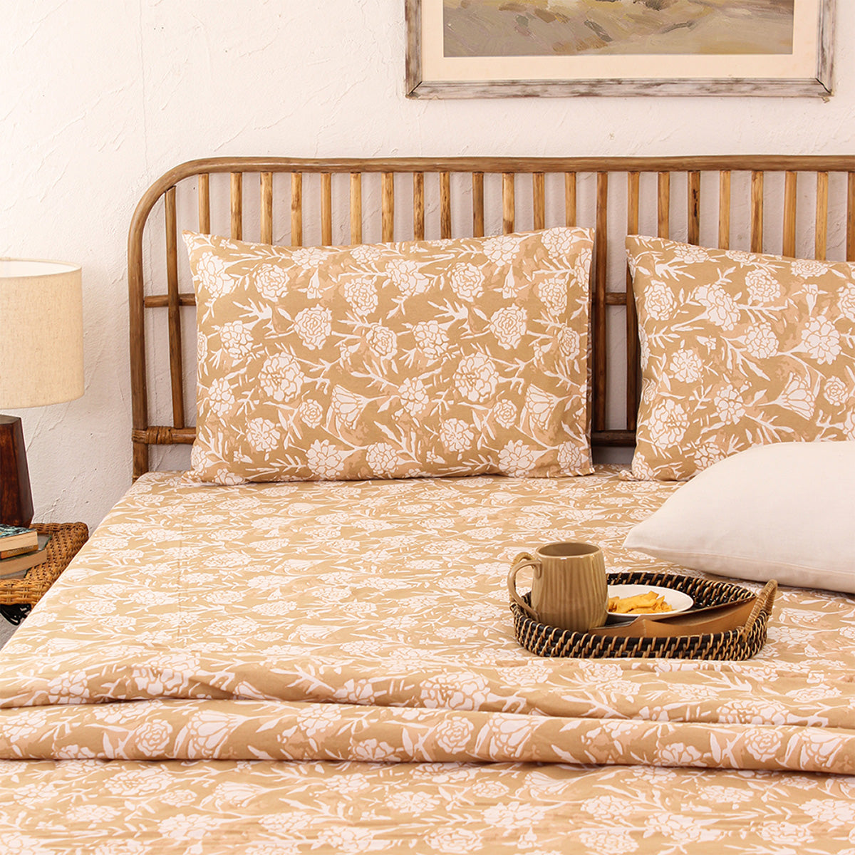 Cotton Bedsheet with Pillow Covers | Floral Print | Beige