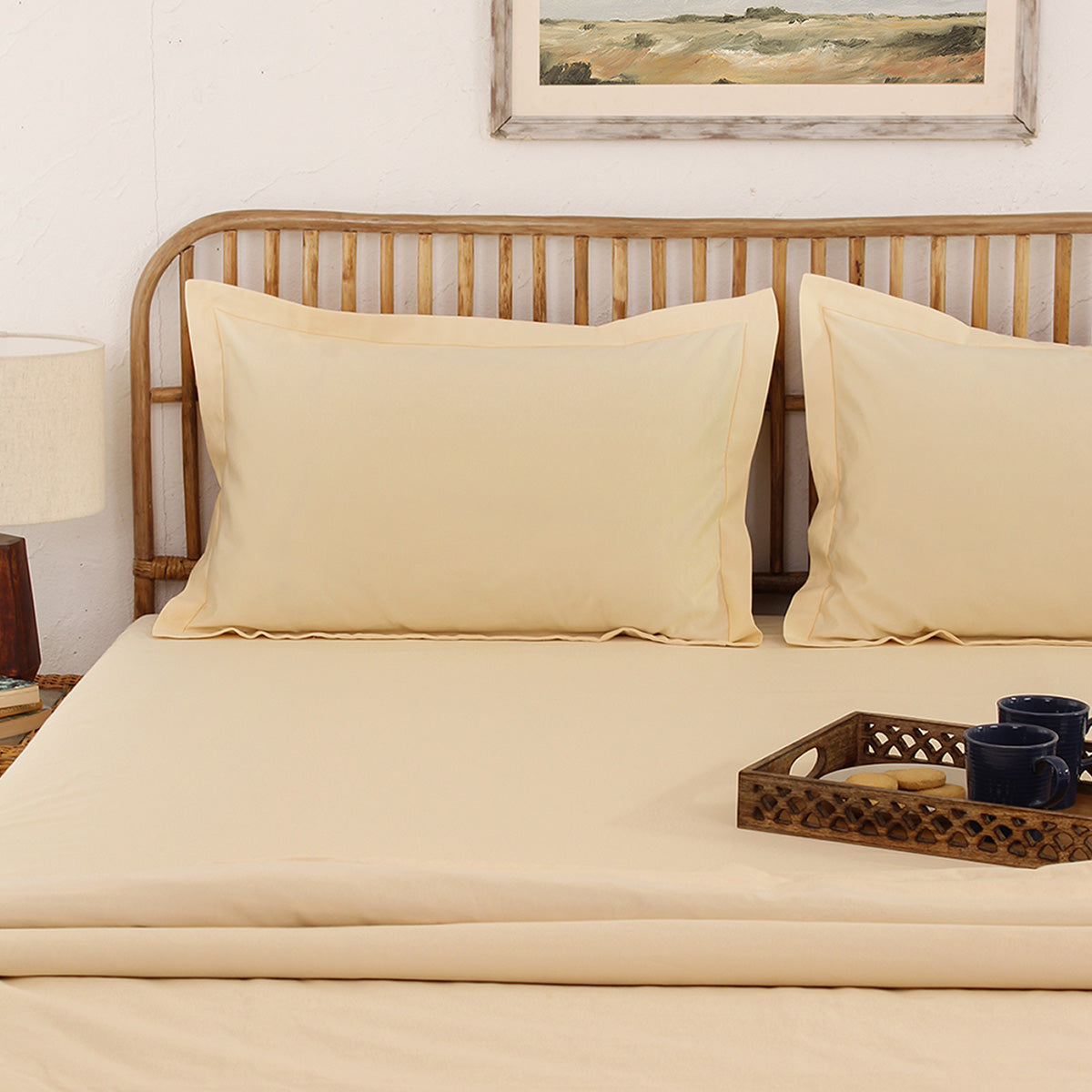 Cotton Bedsheet with Pillow Covers | Solid Design | Beige