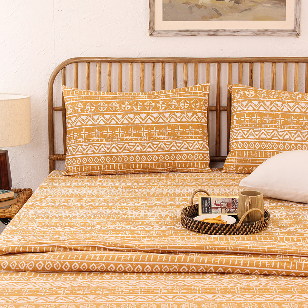 Cotton Bedsheet with Pillow Covers | Abstract Print | Yellow By House This