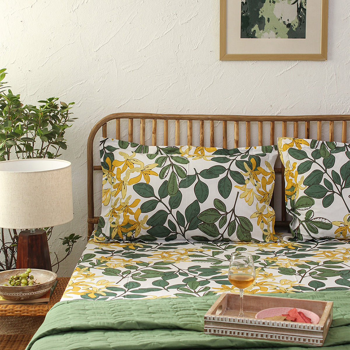 Cotton Bedsheet with Pillow Covers | Leaf Print | Green By House This