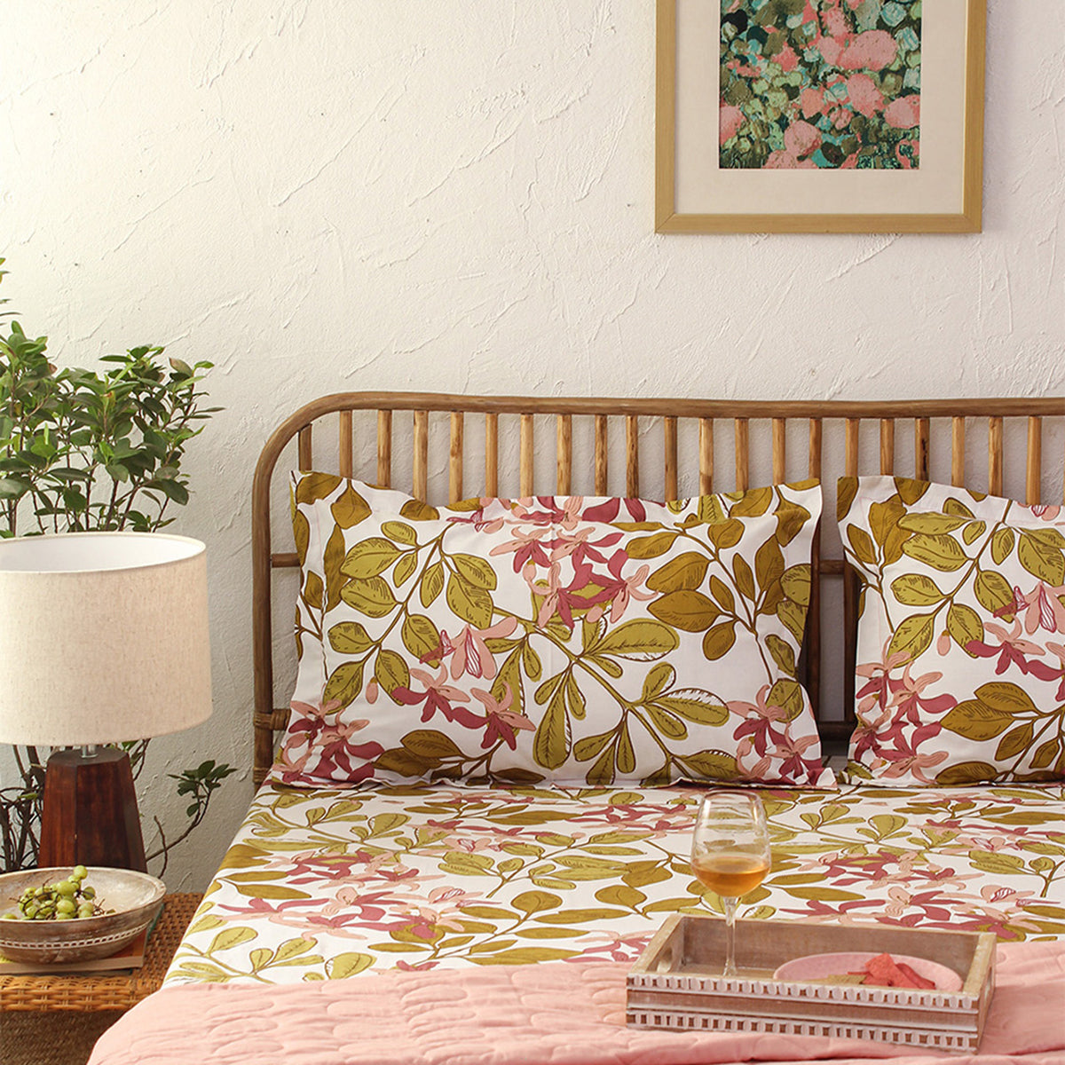 Cotton Bedsheet with Pillow Covers | Leaf Print | Pink