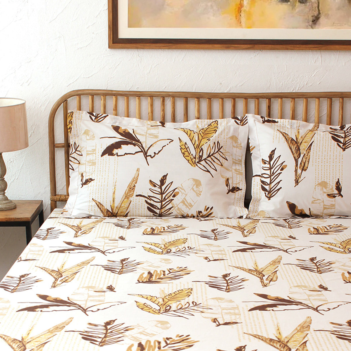Pure Cotton Bedsheet with Pillow Covers | Leaf Print | Brown