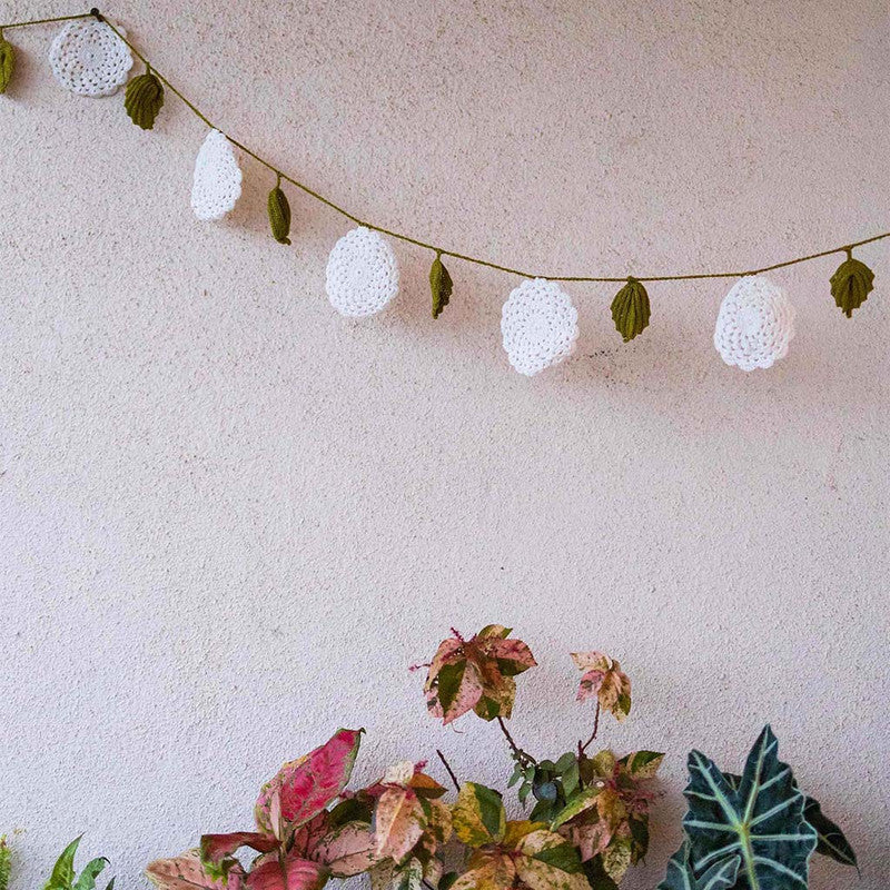 Handmade White & Green Cotton Thread Flower Boho Bunting By Samoolam