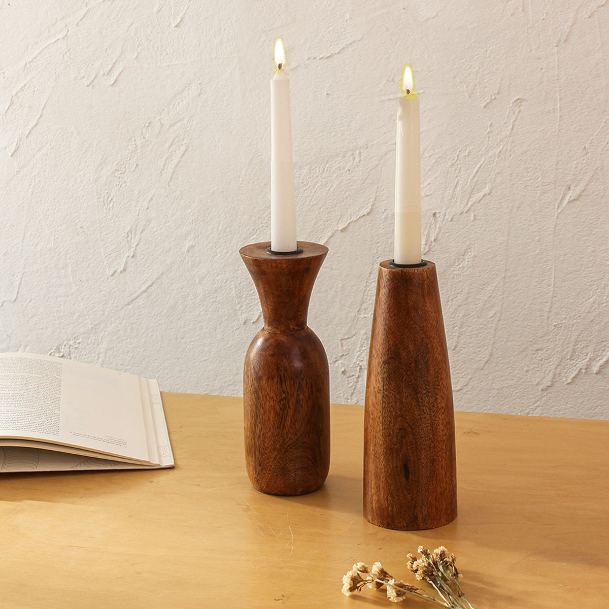Wooden Candle Holder | Brown | Set of 2