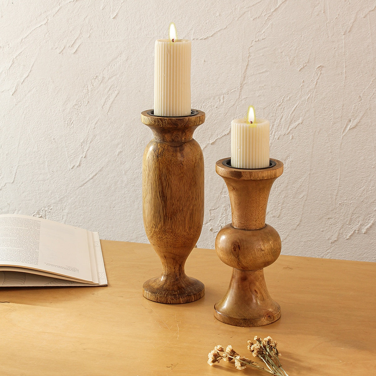 Wooden Candle Stand | Brown | Set of 2 By House This