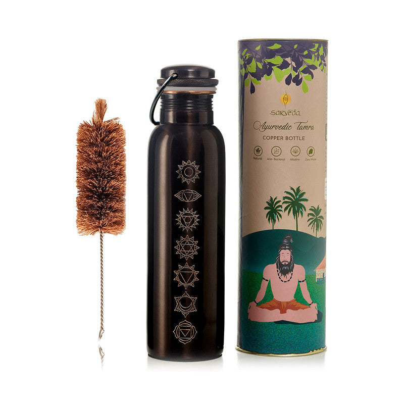 Copper Bottle with Handle | Cleaning Brush | 7 Chakra | Black | 1 L