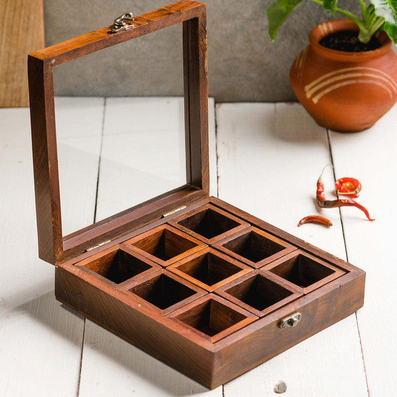 Wooden Spice Box | Masala Box | Sheesham Wood | Brown | 7.8 inches By Araana Home