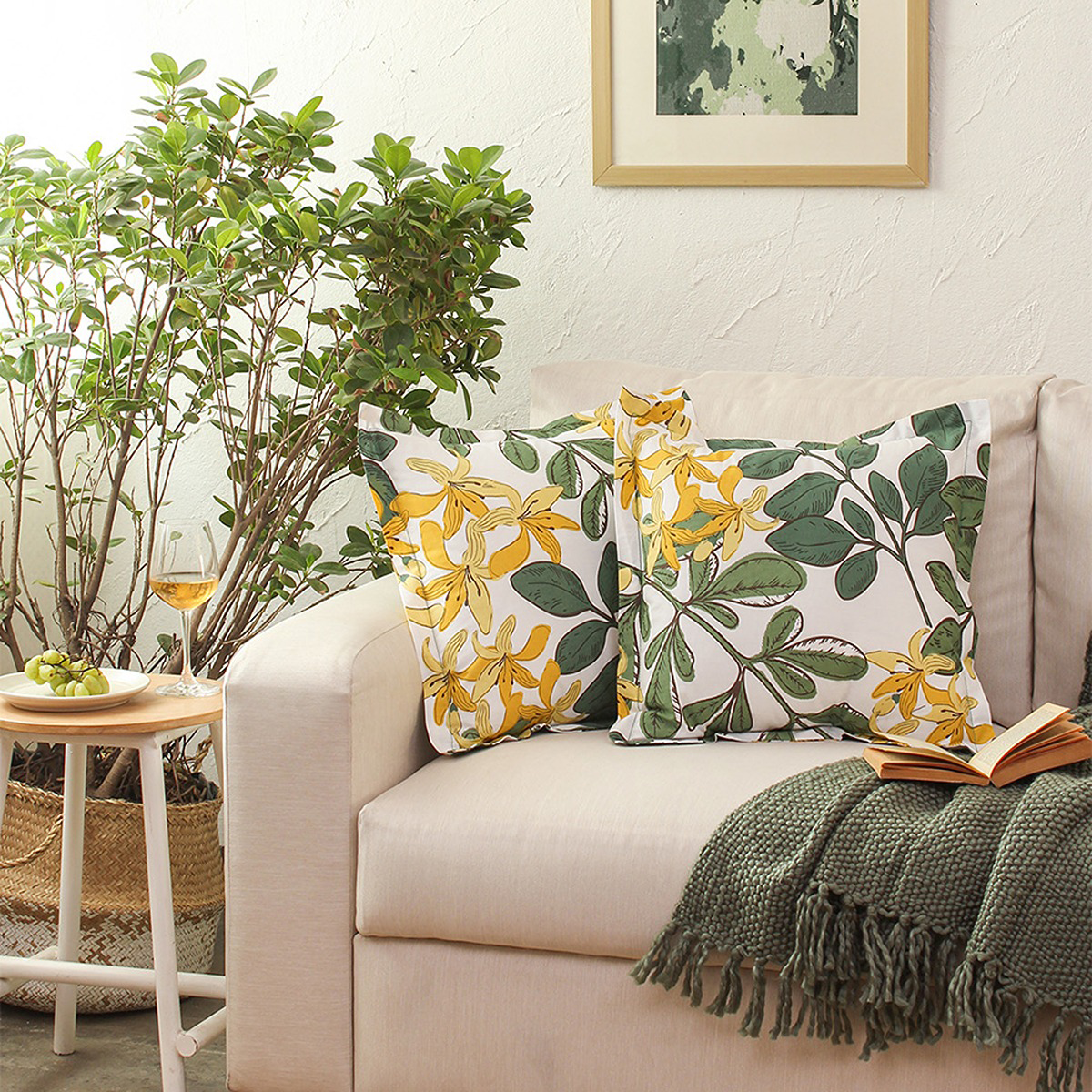 Cotton Cushion Cover | Leaf Print | Green | Set of 2 By House This