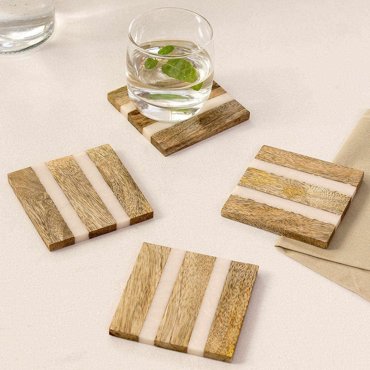Wooden Table Coasters | Square Shape | Brown & White | 10 cm