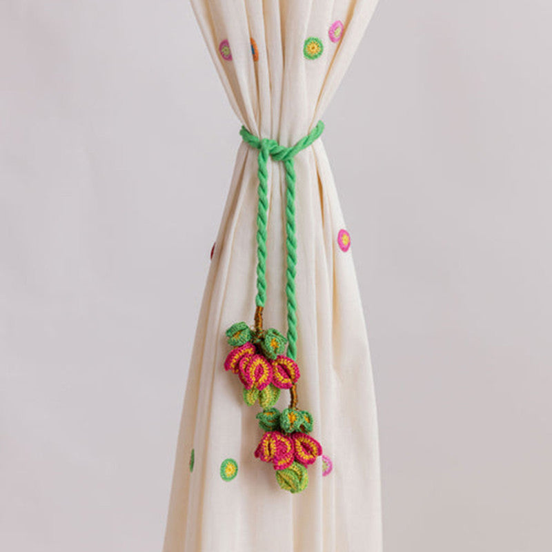 Cotton Thread Curtain Tiebacks | Green & Pink By Samoolam