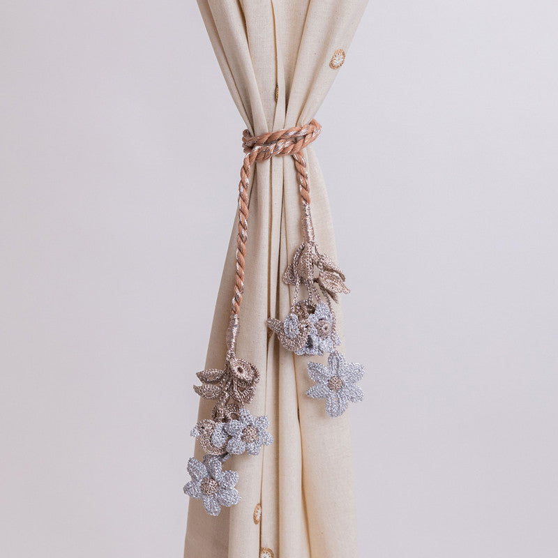Cotton Thread Crochet Curtain Tie-Backs | Silver & Brown By Samoolam
