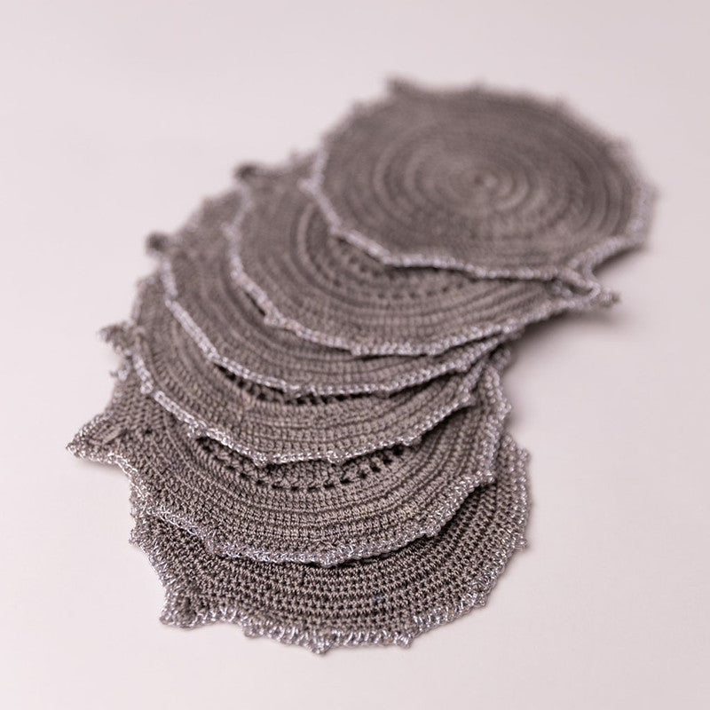 Handmade Silver Charcoal Crochet Ziba Round Coasters Set of 6 By Samoolam