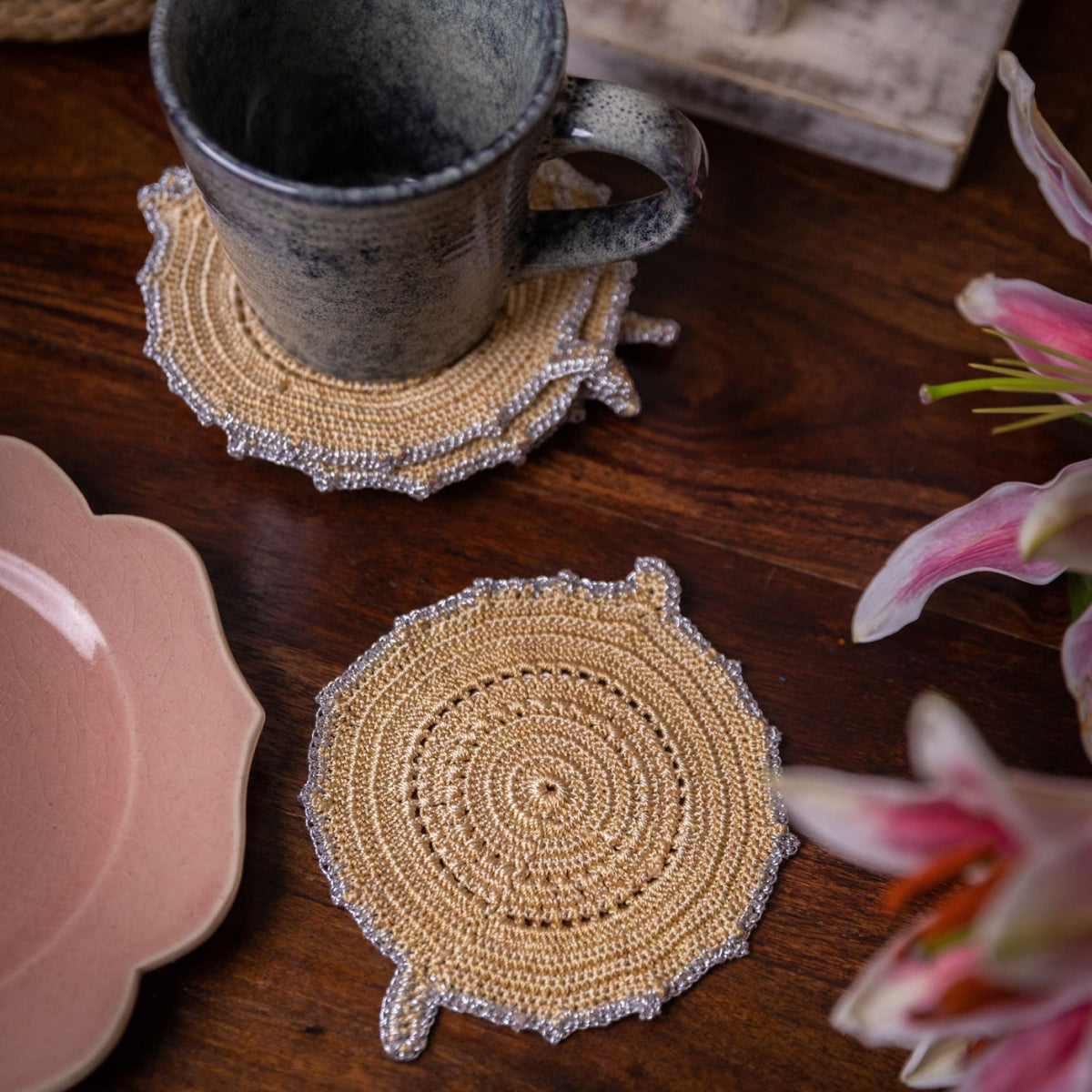 Crochet Table Coasters | Brown & Silver | Set Of 6 By Samoolam