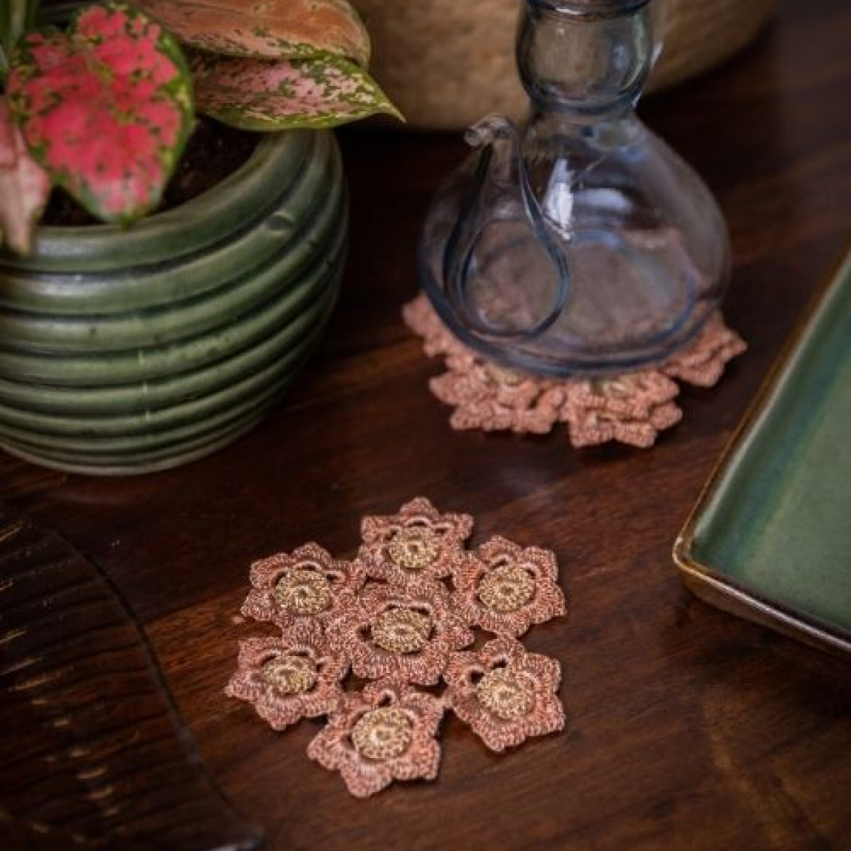 Crochet Table Coasters | Floral Design | Brown & Beige | Set Of 6 By Samoolam