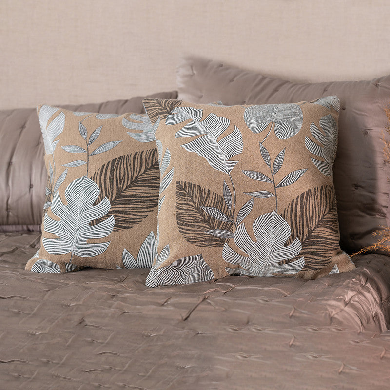 Linen Cushion Cover | Leaf Print | Black & Beige