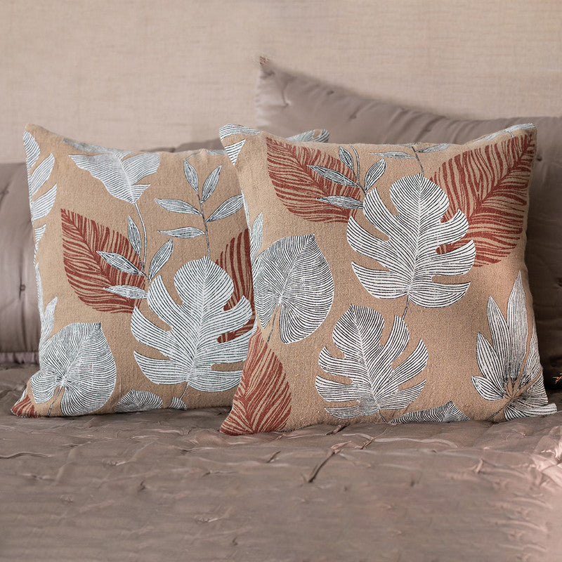 Linen Cushion Cover | Leaf Print | Beige & Maroon