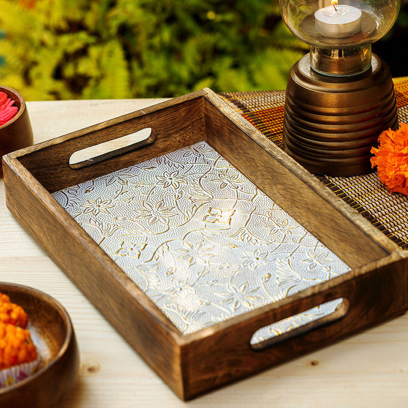 Wooden Tray | Serving Tray | Mango Wood | Brown & White | 12x8 inch By Araana Home