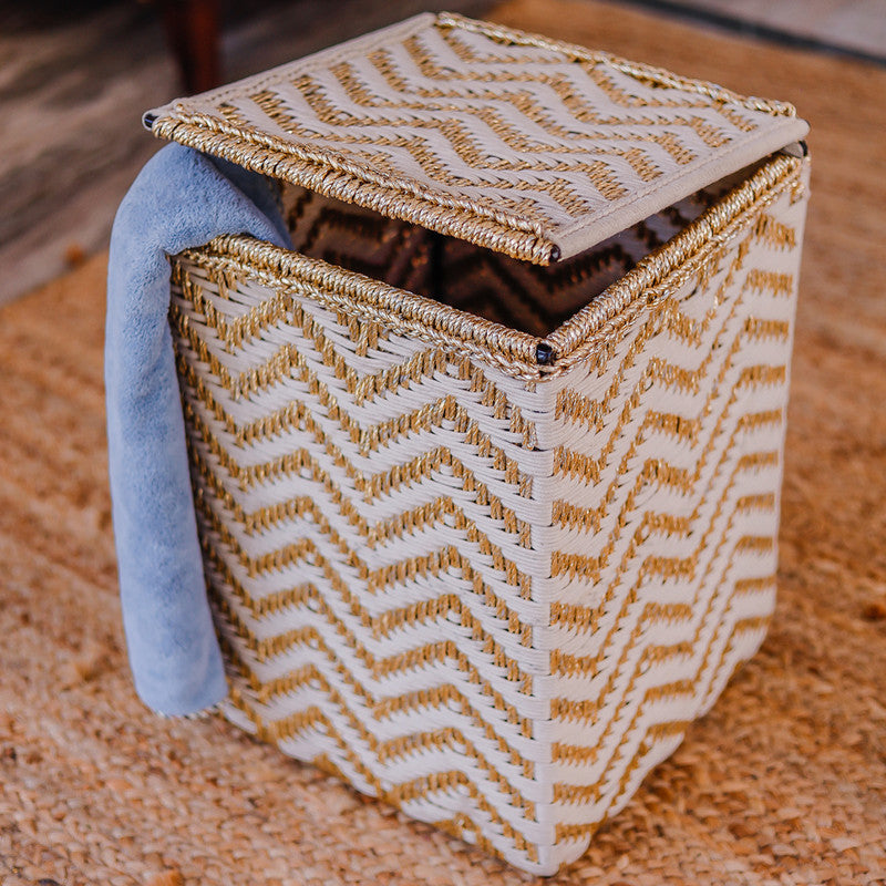 Upcycled Plastic Large Laundry Basket | 15x15x21 | White & Gold By Sirohi
