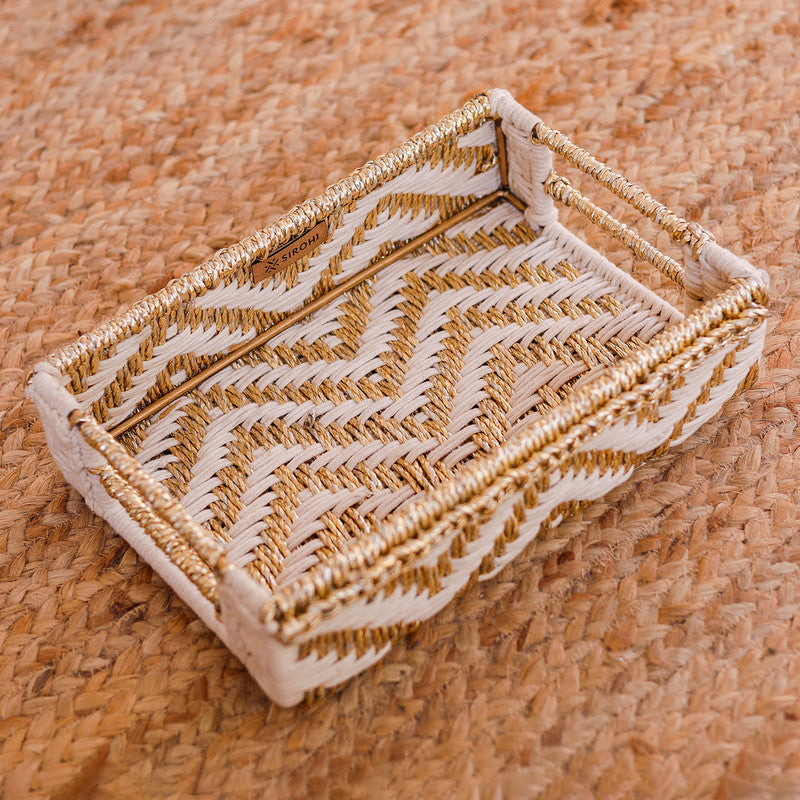 Cotton & Upcycled Plastic Small Chevron Tray | White & Gold | 12x8x3 Inches By Sirohi