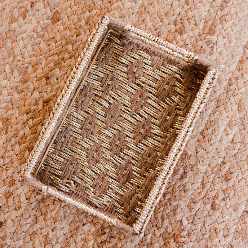 Upcycled Plastic Small Tray | Beige & Gold | 12x8x3 inch