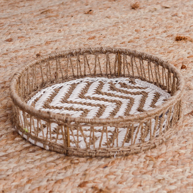 Cotton & Jute Round Tray | Beige & White | Small | 10 x 10 x 2 inches
