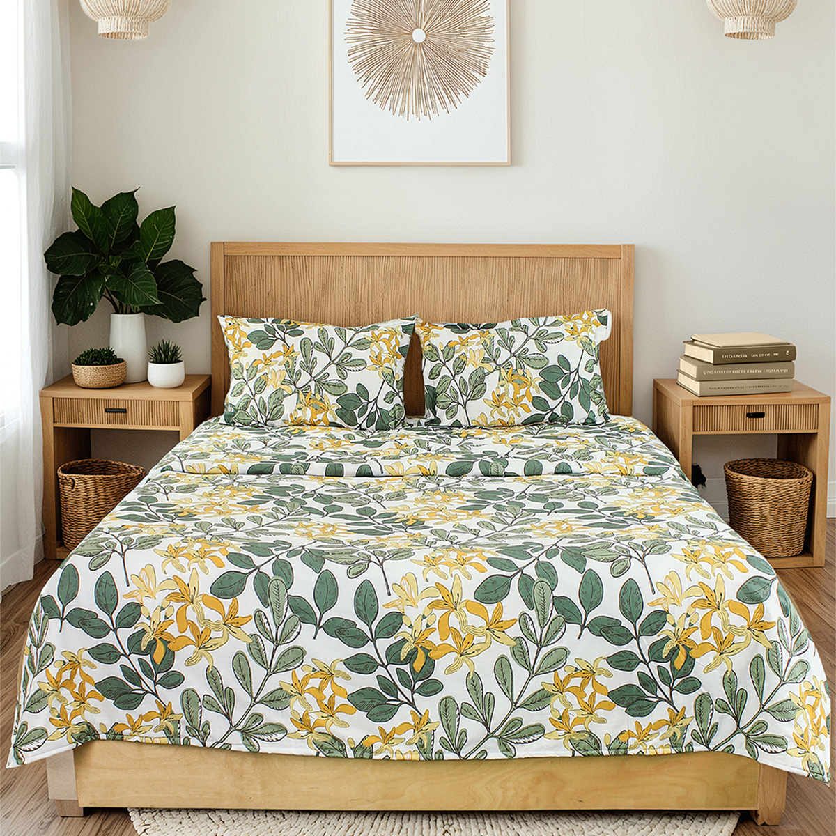 Cotton Duvet Cover | Leaf Print | Green