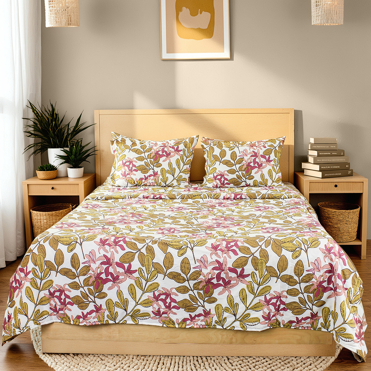 Cotton Duvet Cover | Leaf Print | Pink